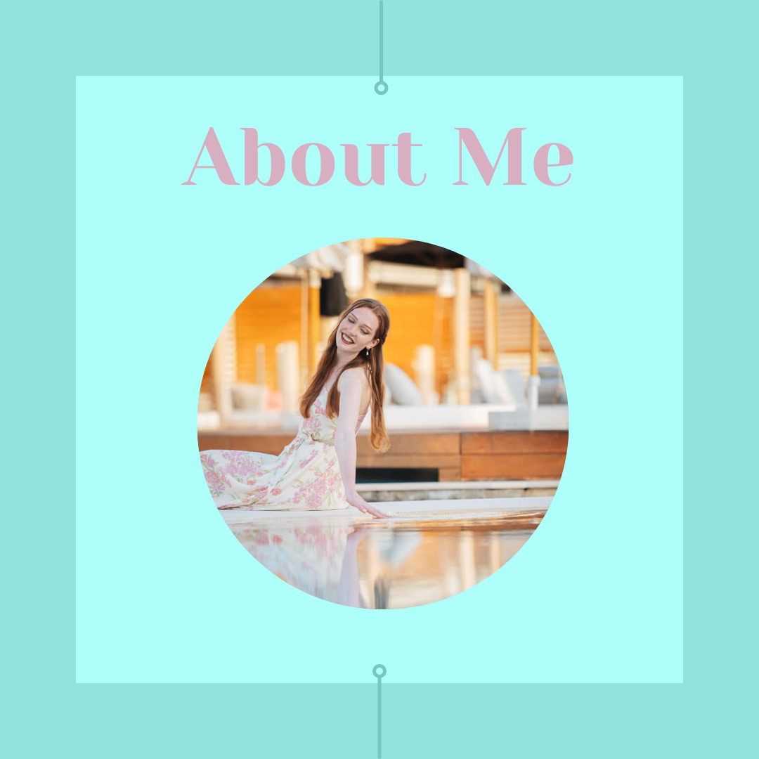 A girl in a dress with her hand in a pool overlaid with 'about me'