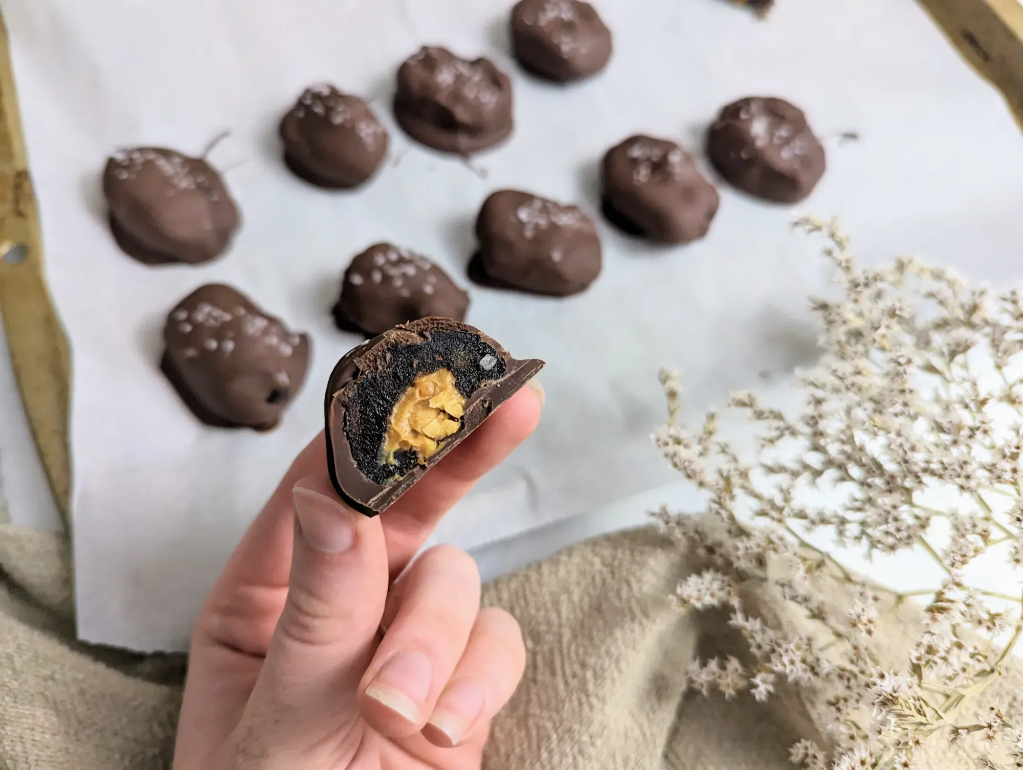 Chocolate-covered dates filled with peanut butter