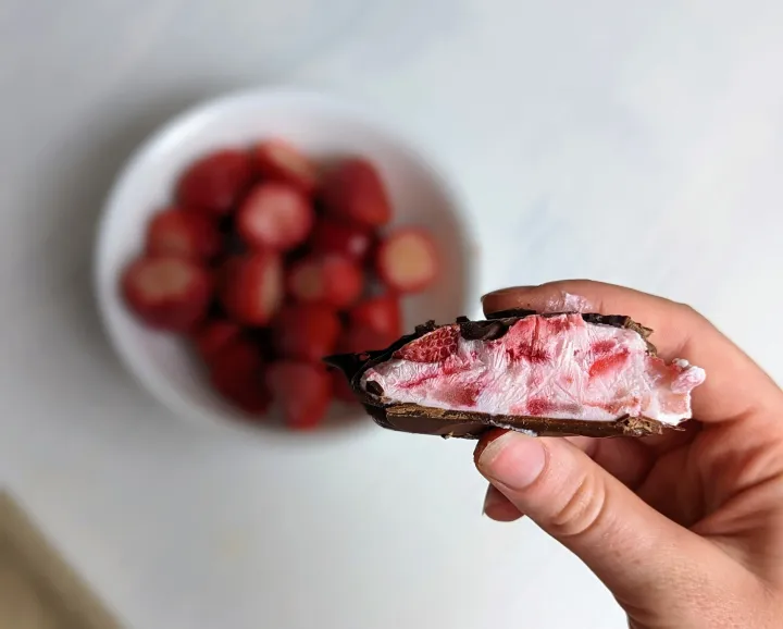 A chocolate covered strawberry yogurt bite next to a bowl of strawberries.